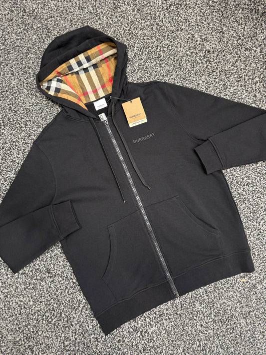 BURBERRY LOGO COTTON ZIP UP HOODED SWEATSHIRT - BLACK