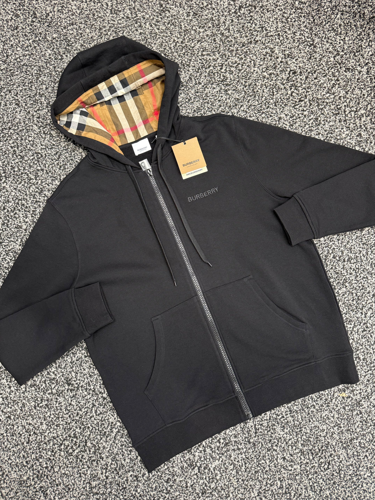 BURBERRY LOGO COTTON ZIP UP HOODED SWEATSHIRT - BLACK