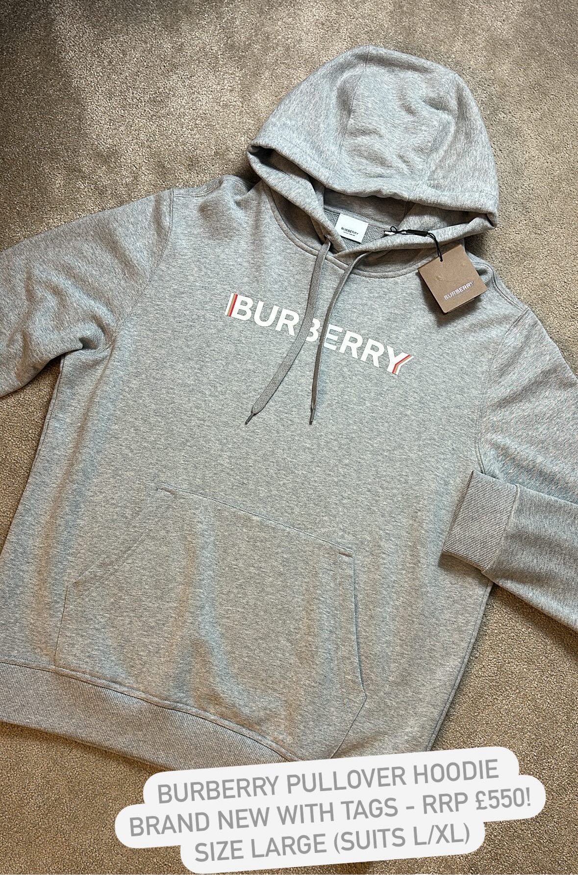 BURBERRY FARLEY LOGO COTTON PULLOVER HOODED SWEATSHIRT - GREY