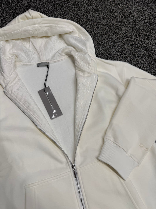 CHRISTIAN DIOR OBLIQUE LOGO ZIP UP HOODED SWEATSHIRT - WHITE