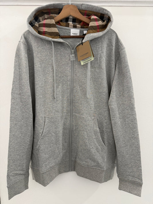 BURBERRY LOGO COTTON ZIP UP HOODED SWEATSHIRT - GREY