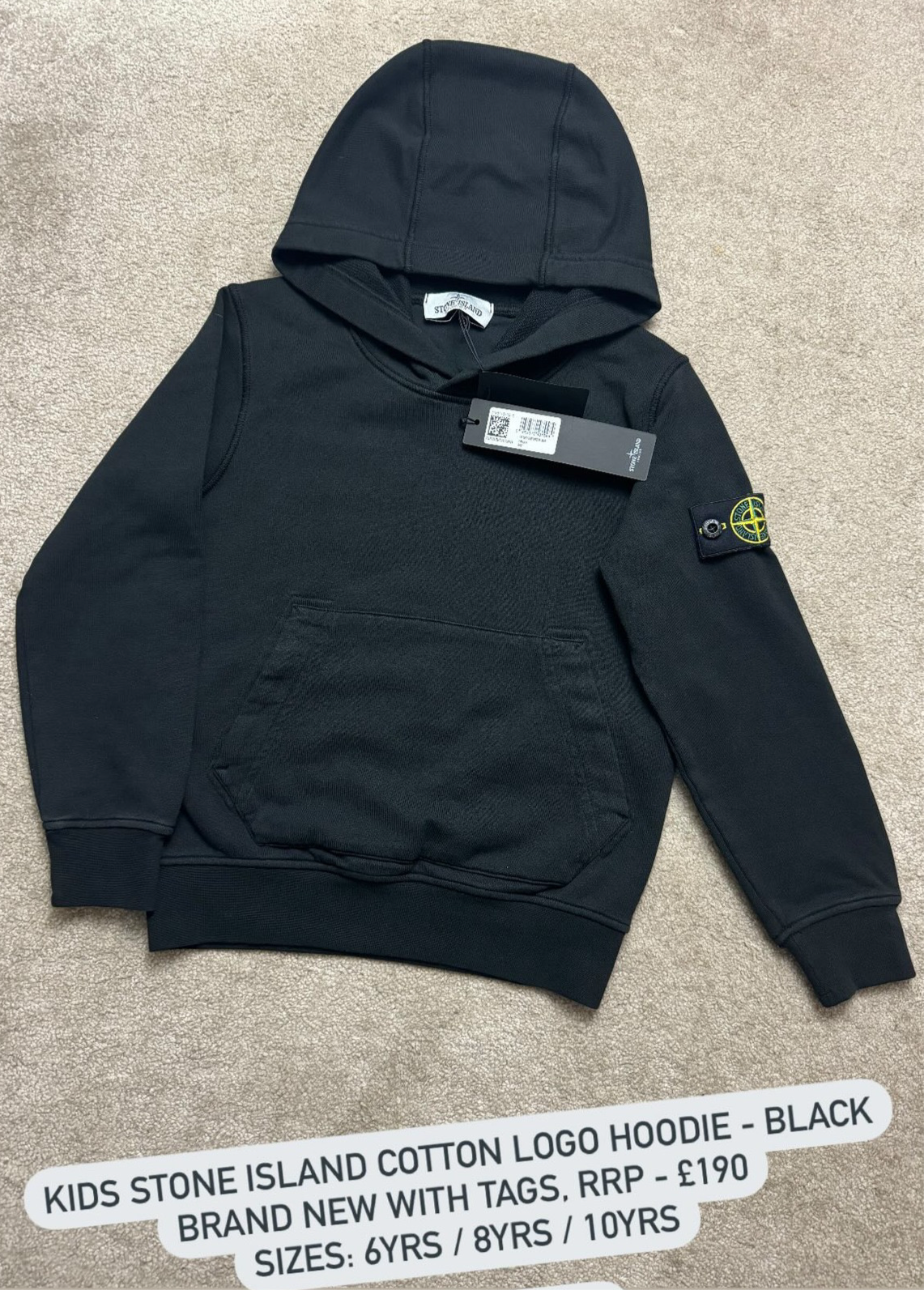 KIDS STONE ISLAND COTTON LOGO HOODIE - BLACK