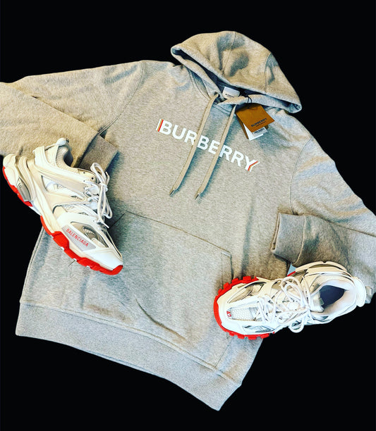 BURBERRY FARLEY LOGO COTTON PULLOVER HOODED SWEATSHIRT - GREY