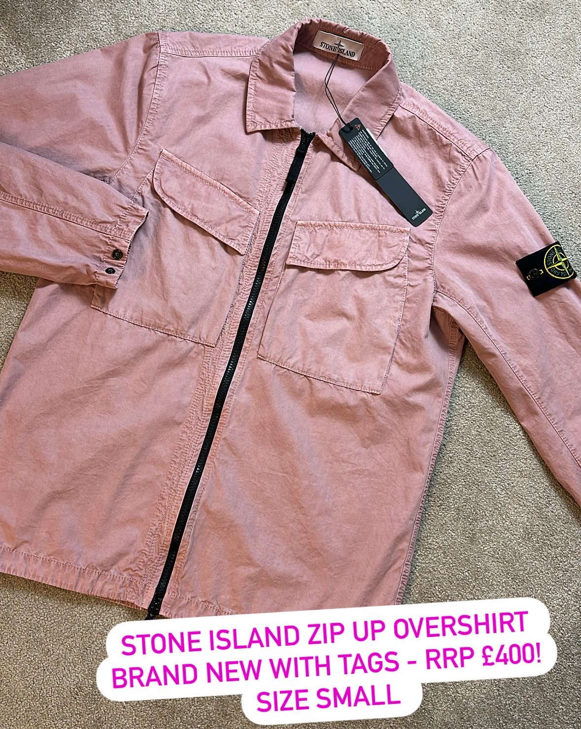 STONE ISLAND GARMENT DYED ZIP UP OVERSHIRT - ROSE QUARTZ