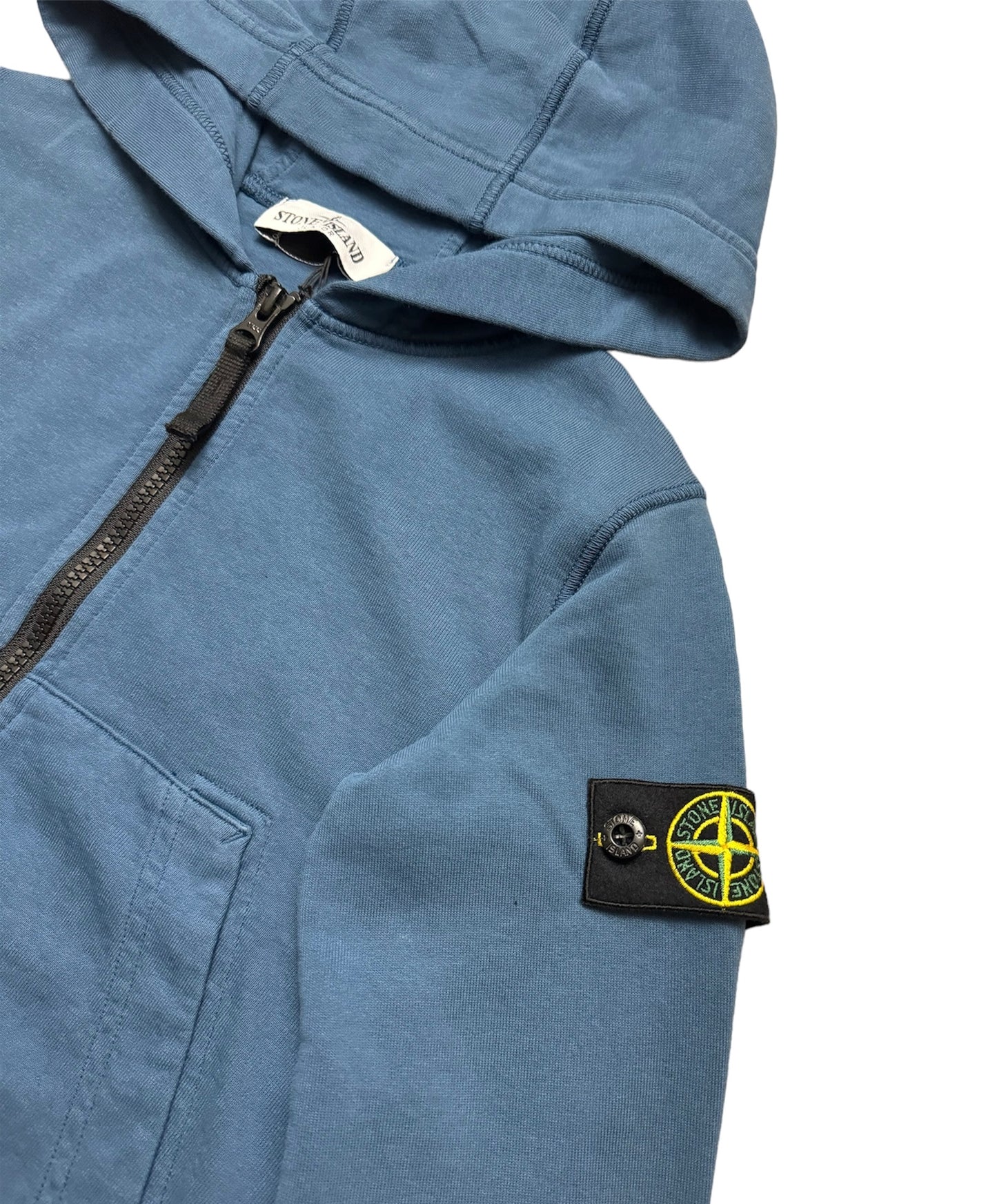 KIDS STONE ISLAND COTTON LOGO ZIP UP HOODIE - BLUE
