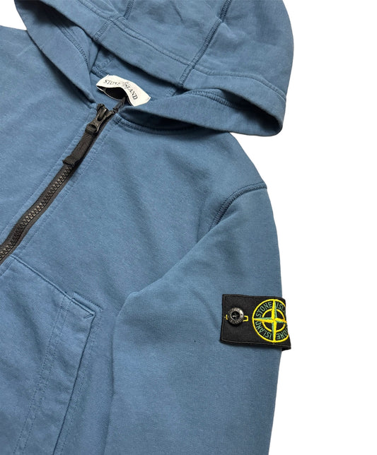 KIDS STONE ISLAND COTTON LOGO ZIP UP HOODIE - BLUE