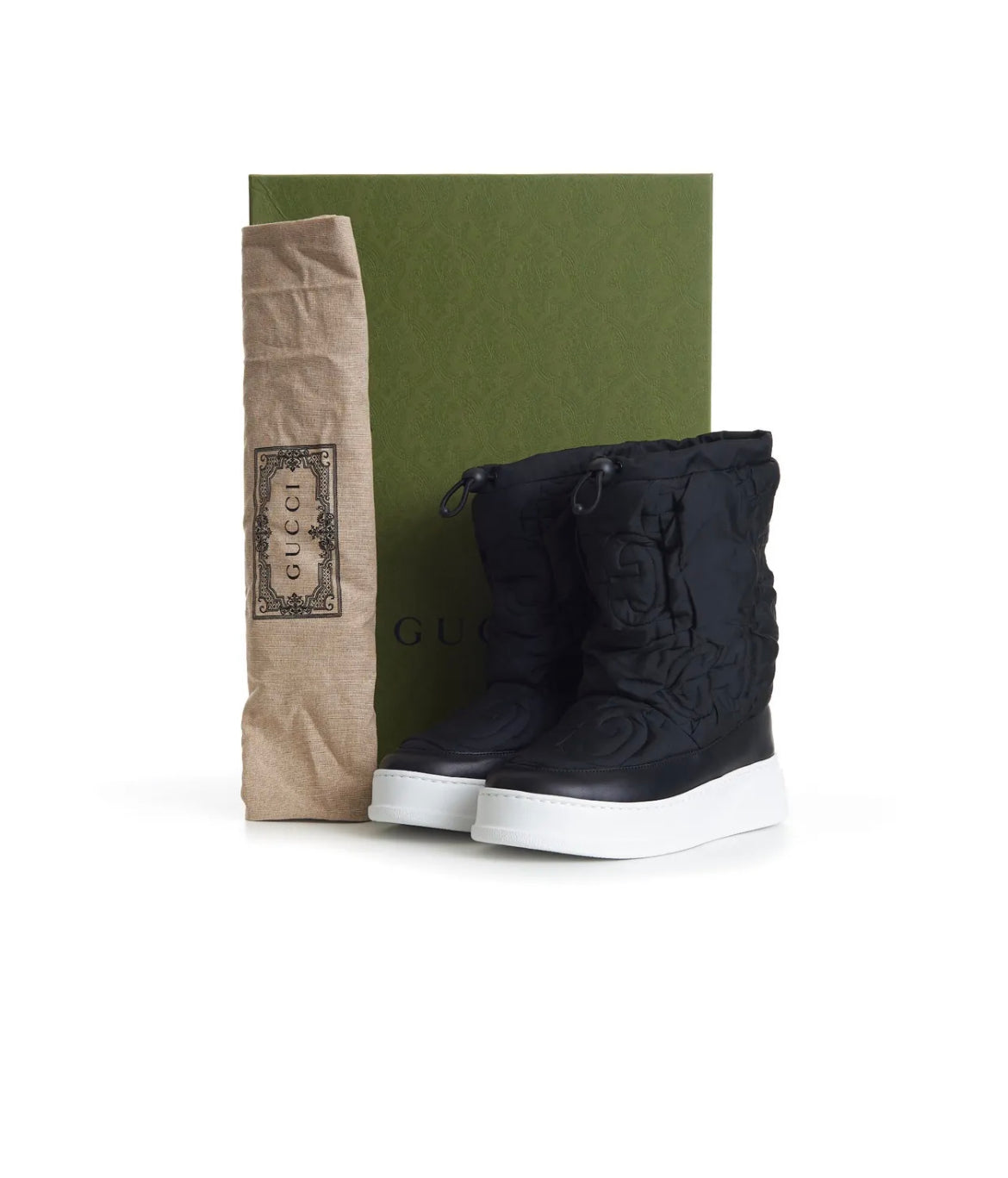GUCCI GG NYLON MATELASSE PADDED SNOW BOOTS - BLACK / WHITE