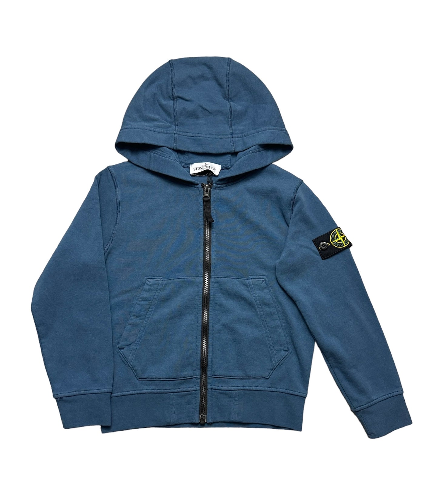 KIDS STONE ISLAND COTTON LOGO ZIP UP HOODIE - BLUE