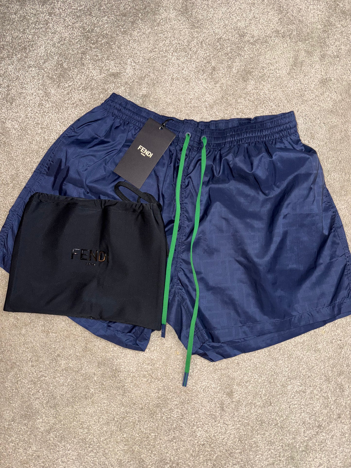 FENDI FF MONOGRAM LOGO WATER REACTIVE SWIM SHORTS - NAVY