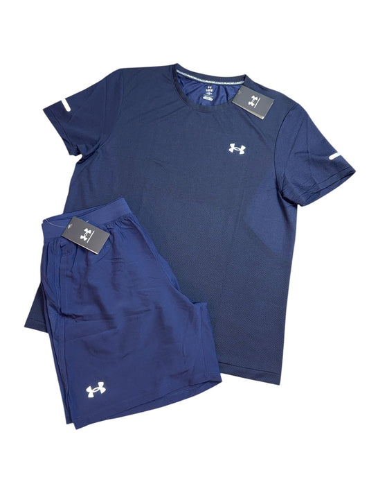 UNDER ARMOUR TECH T-SHIRT & LAUNCH 7” SHORTS FULL SET - NAVY