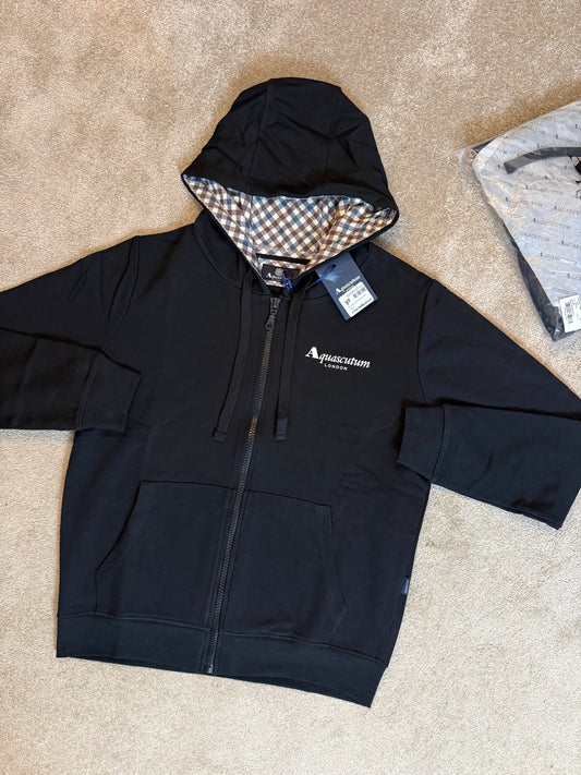 AQUASCUTUM LONDON ZIP UP HOODED SWEATSHIRT - BLACK