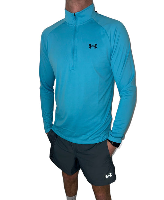 UNDER ARMOUR TECH HALF ZIP TOP & SHORTS FULL SET - GLACIER BLUE / GREY