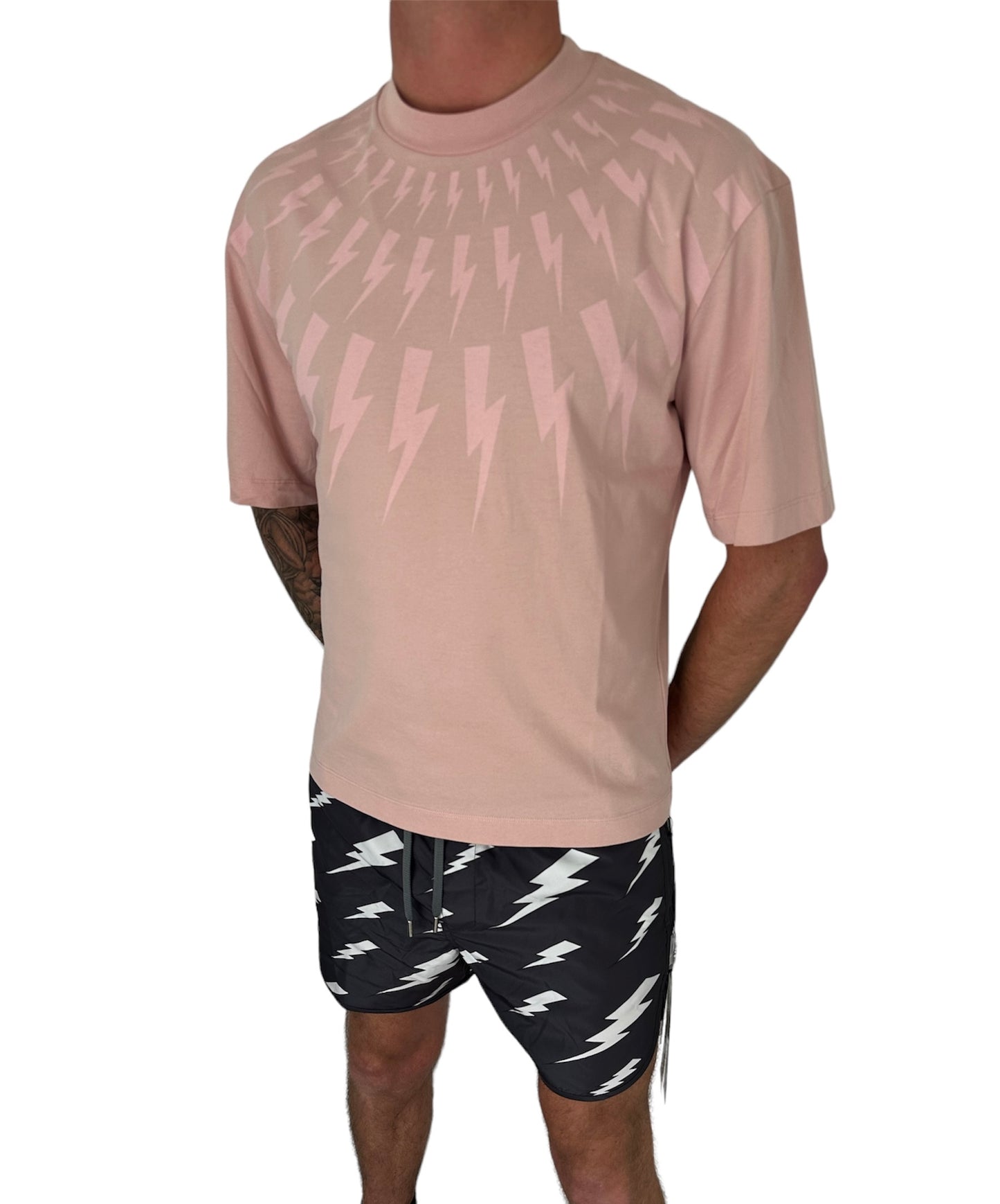 NEIL BARRETT LIGHTENING BOLT TSHIRT & SHORTS FULL SET - PINK / BLACK
