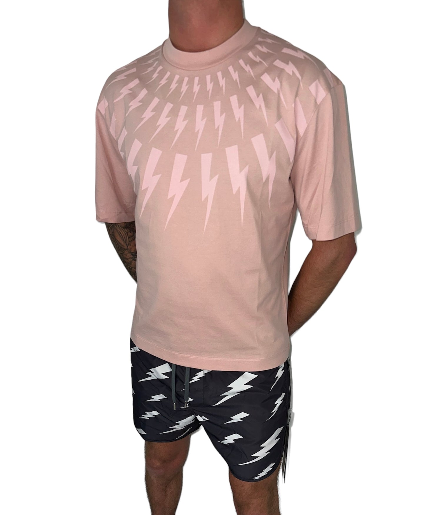 NEIL BARRETT LIGHTENING BOLT TSHIRT & SHORTS FULL SET - PINK / BLACK
