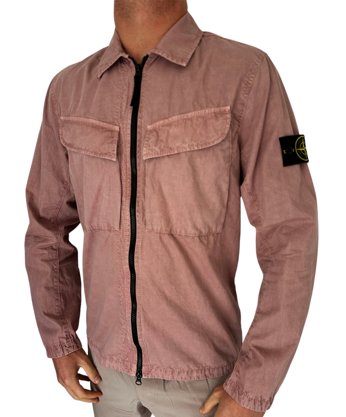 STONE ISLAND GARMENT DYED ZIP UP OVERSHIRT - ROSE QUARTZ