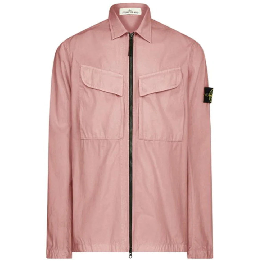 STONE ISLAND GARMENT DYED ZIP UP OVERSHIRT - ROSE QUARTZ