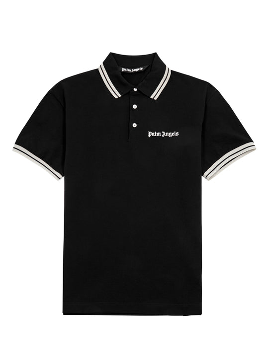 PALM ANGELS LOGO COTTON PIQUE POLO SHIRT - BLACK