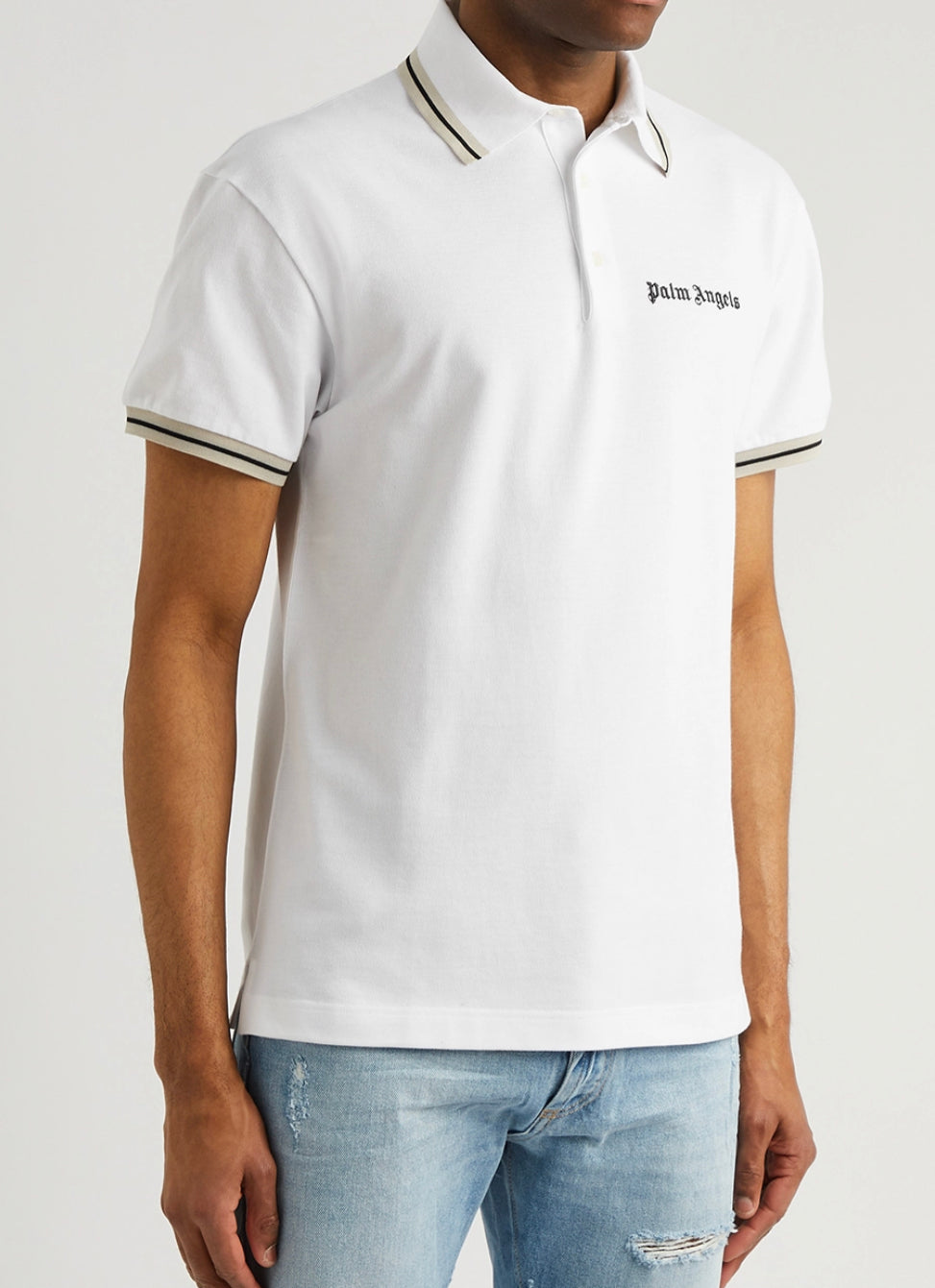 PALM ANGELS LOGO COTTON PIQUE POLO SHIRT - WHITE