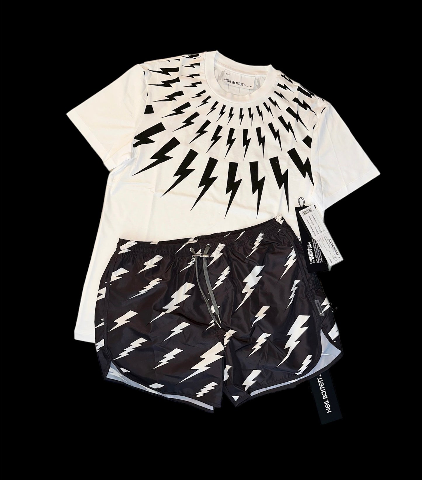 NEIL BARRETT LIGHTENING BOLT SWIM SHORTS - BLACK / WHITE