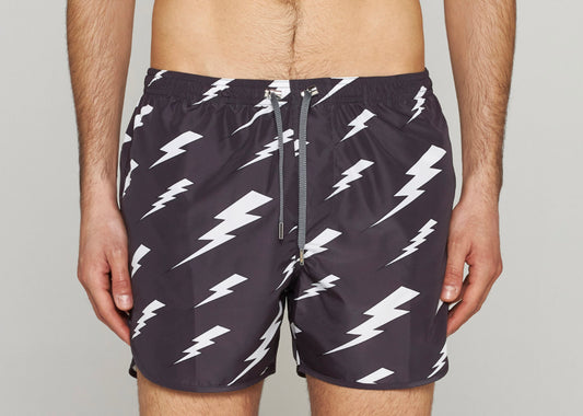 NEIL BARRETT LIGHTENING BOLT SWIM SHORTS - BLACK / WHITE