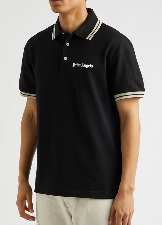 PALM ANGELS LOGO COTTON PIQUE POLO SHIRT - BLACK