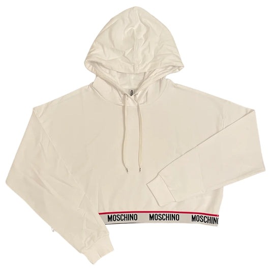 WOMENS MOSCHINO TAPE CROPPED HOODED SWEATSHIRT -WHITE