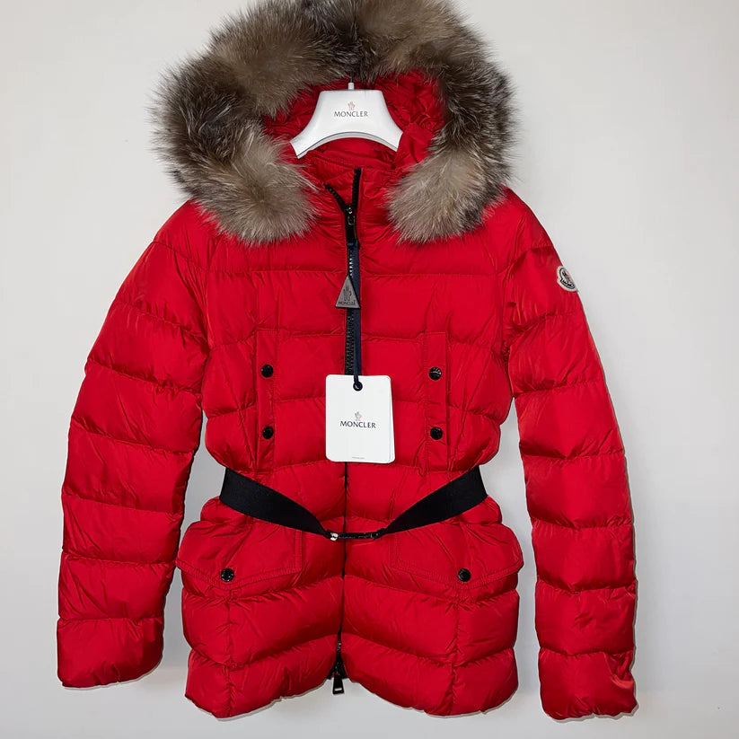 Red moncler coat with deals fur hood