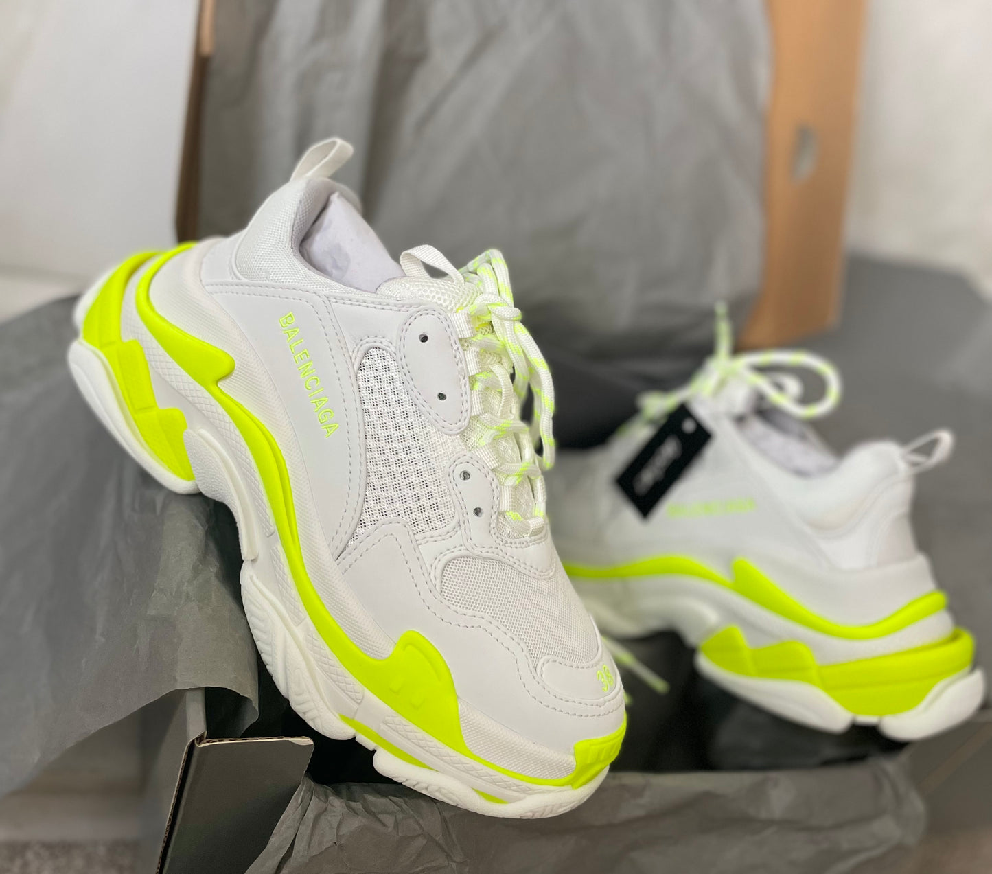 WOMENS BALENCIAGA TRIPLE S TRAINERS - WHITE / NEON