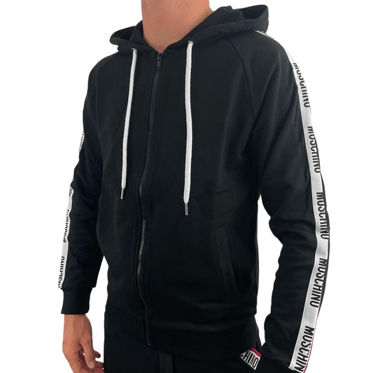 MOSCHINO TAPE ZIP UP HOODIE - BLACK