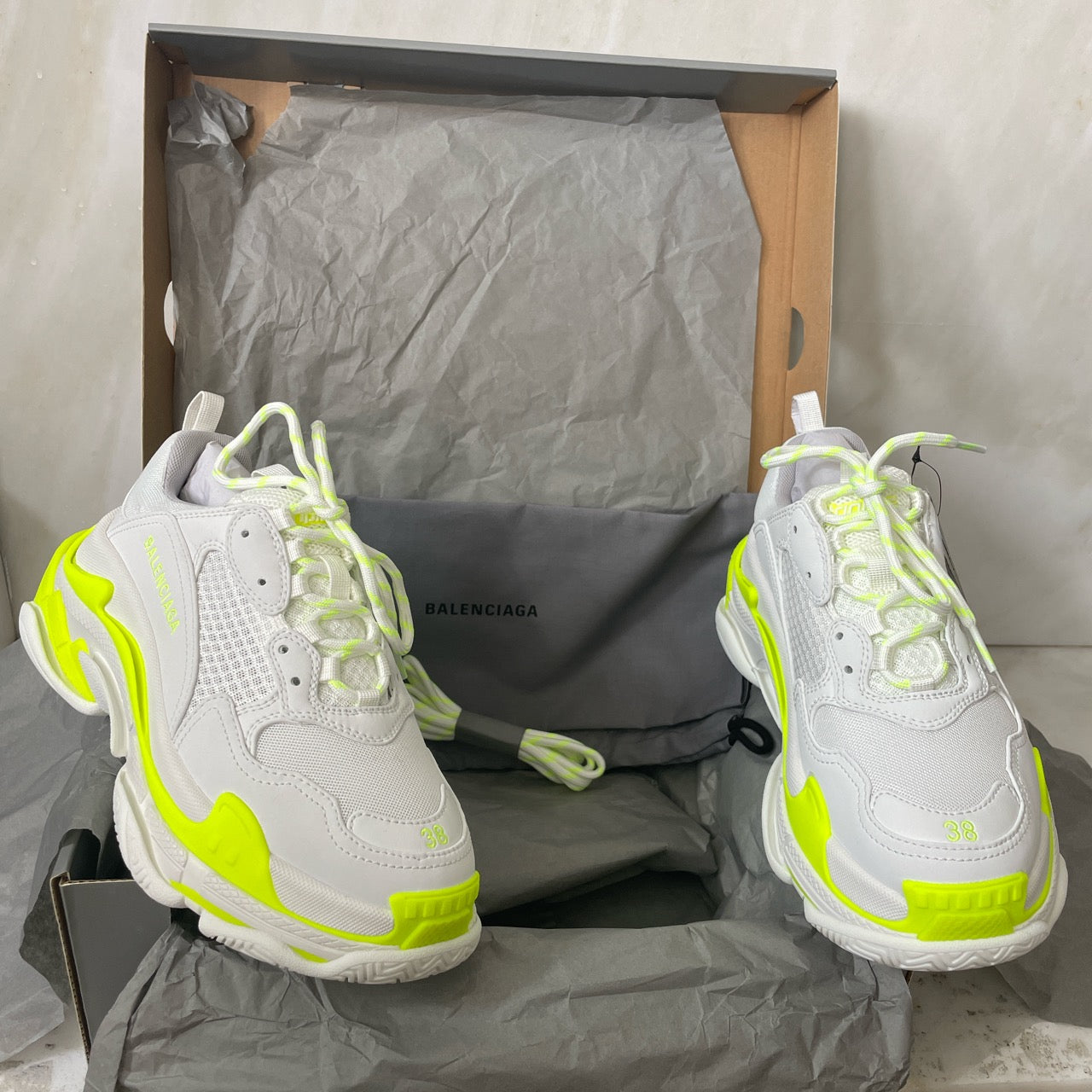 WOMENS BALENCIAGA TRIPLE S TRAINERS - WHITE / NEON