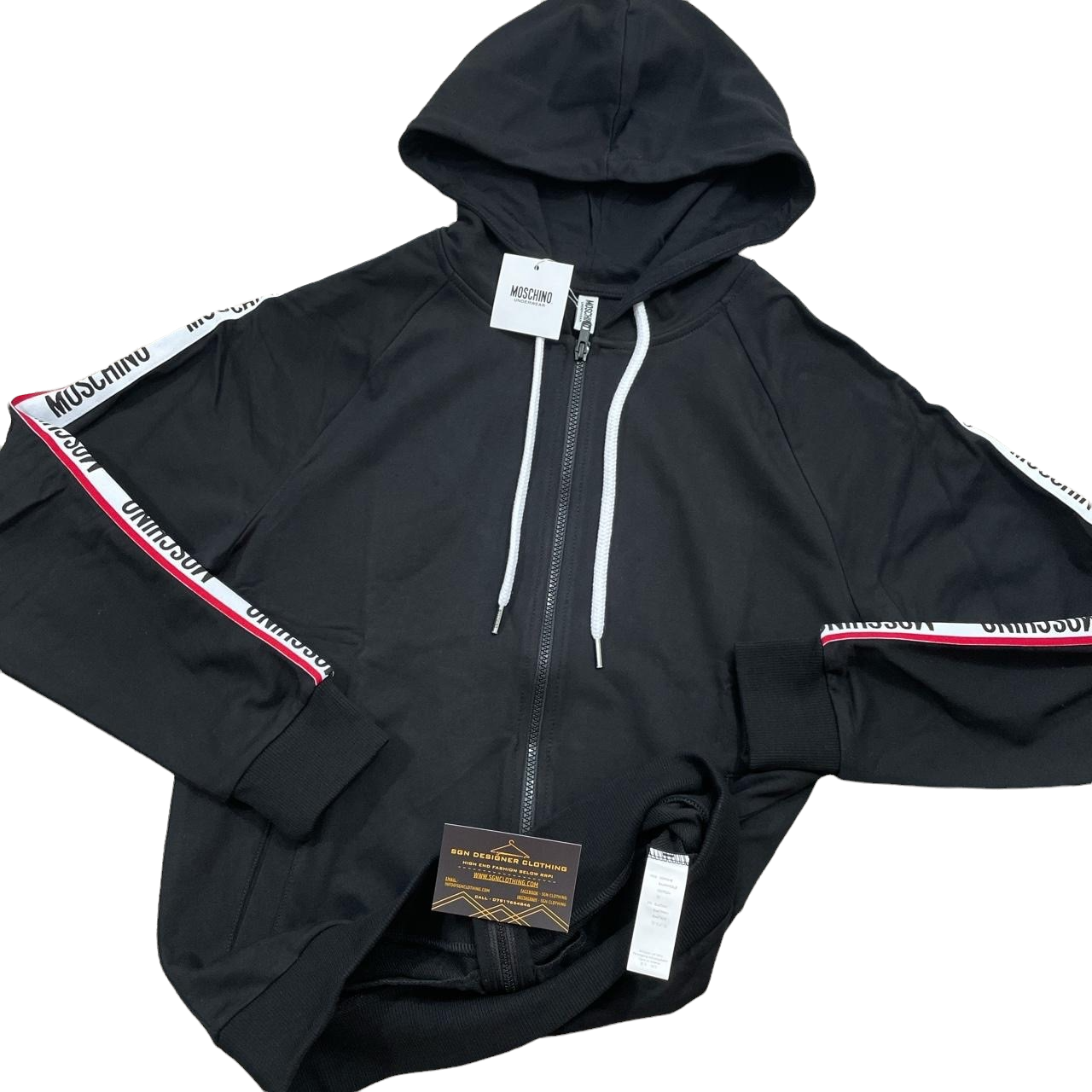 MOSCHINO TAPE ZIP UP HOODIE - BLACK