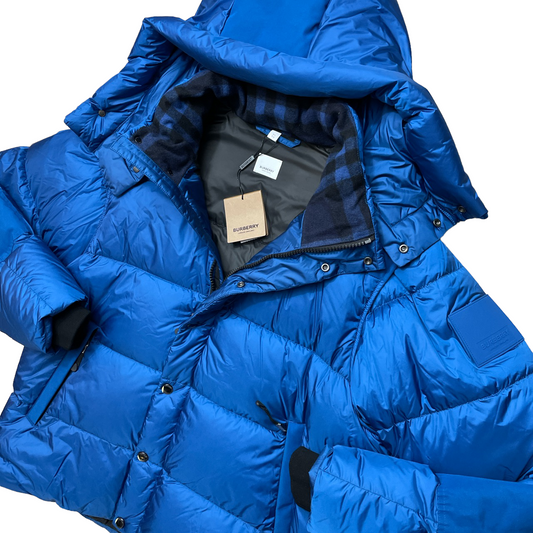 BURBERRY LEEDS DETACHABLE SLEEVE HOODED 2 IN 1 PUFFER JACKET - BLUE