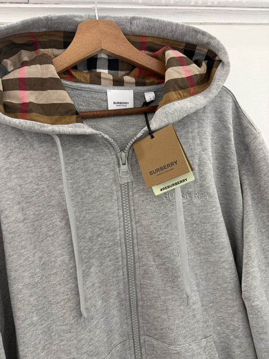 BURBERRY LOGO COTTON ZIP UP HOODED SWEATSHIRT - GREY