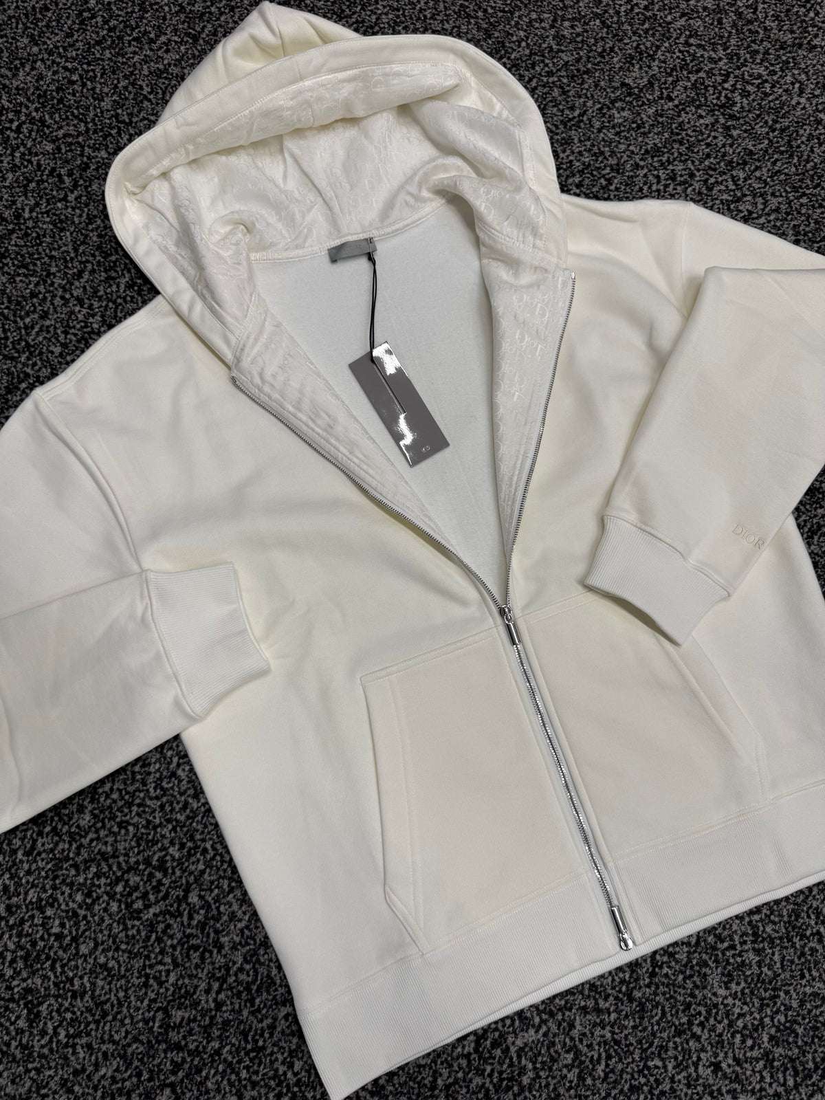 CHRISTIAN DIOR OBLIQUE LOGO ZIP UP HOODED SWEATSHIRT - WHITE