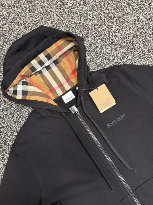 BURBERRY LOGO COTTON ZIP UP HOODED SWEATSHIRT - BLACK