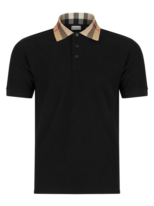 BURBERRY CHECK COLLAR COTTON POLO SHIRT - BLACK