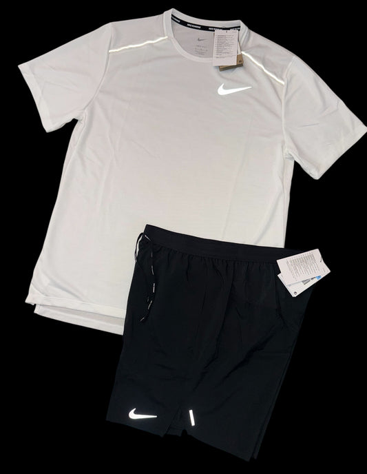 NIKE DRI - FIT 1.0 MILER TSHIRT & FLEX STRIDE SHORTS FULL SET - WHITE / BLACK