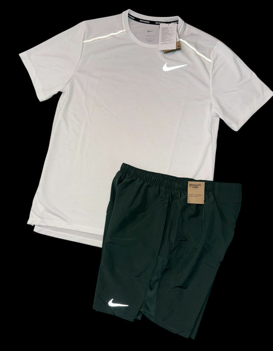 NIKE DRI - FIT 1.0 MILER TSHIRT & CHALLENGER SHORTS FULL SET - WHITE / TEAL