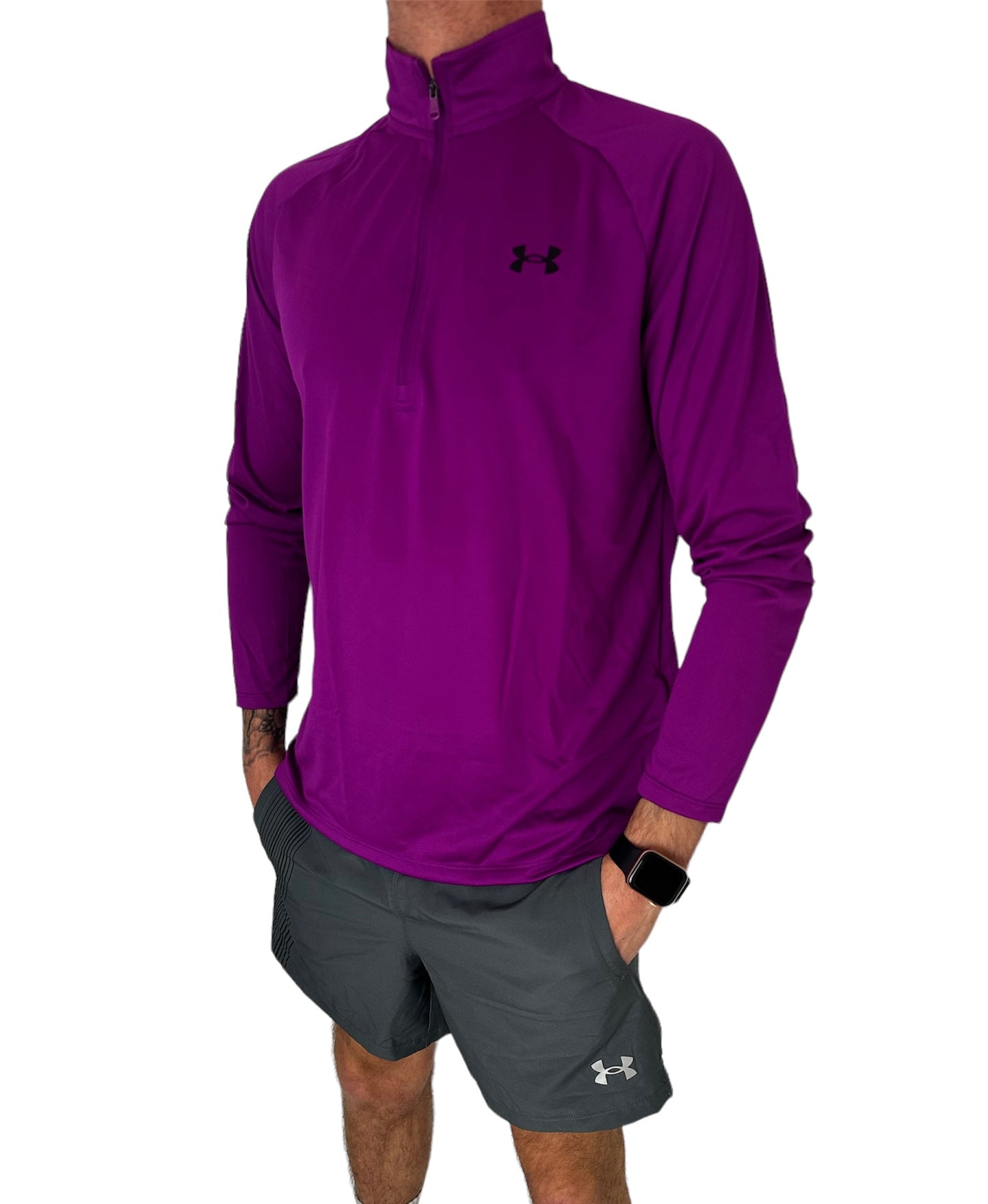 UNDER ARMOUR TECH HALF ZIP TOP & SHORTS FULL SET - GRAPE / GREY