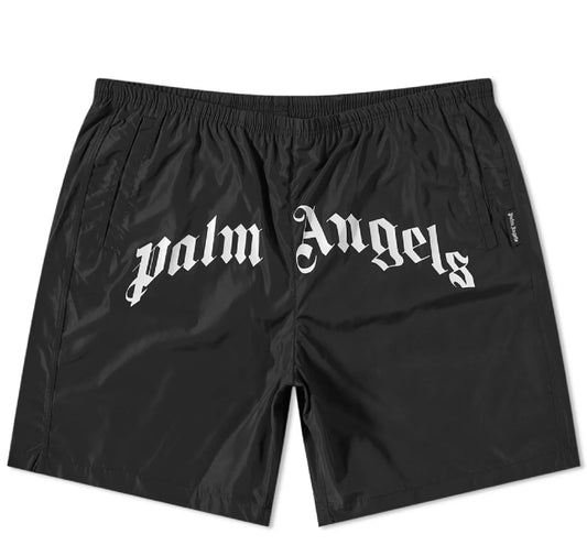 PALM ANGELS CURVED LOGO SWIM SHORTS - BLACK