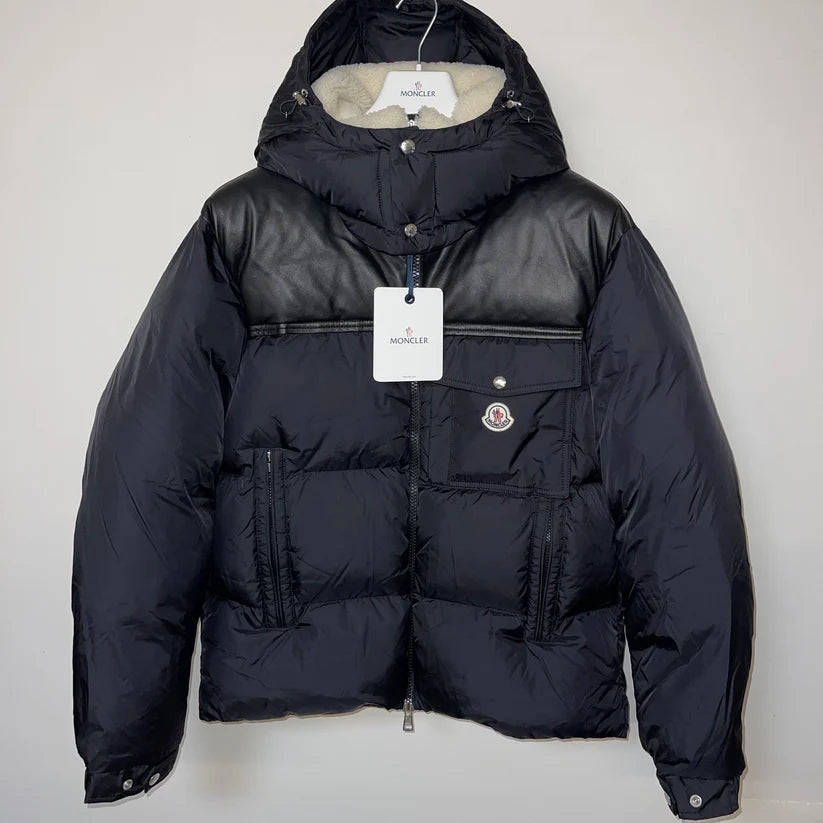 MONCLER BRAYE LEATHER LOGO DOWN PUFFER JACKET - BLACK