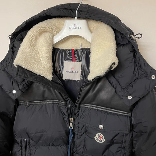 MONCLER BRAYE LEATHER LOGO DOWN PUFFER JACKET - BLACK