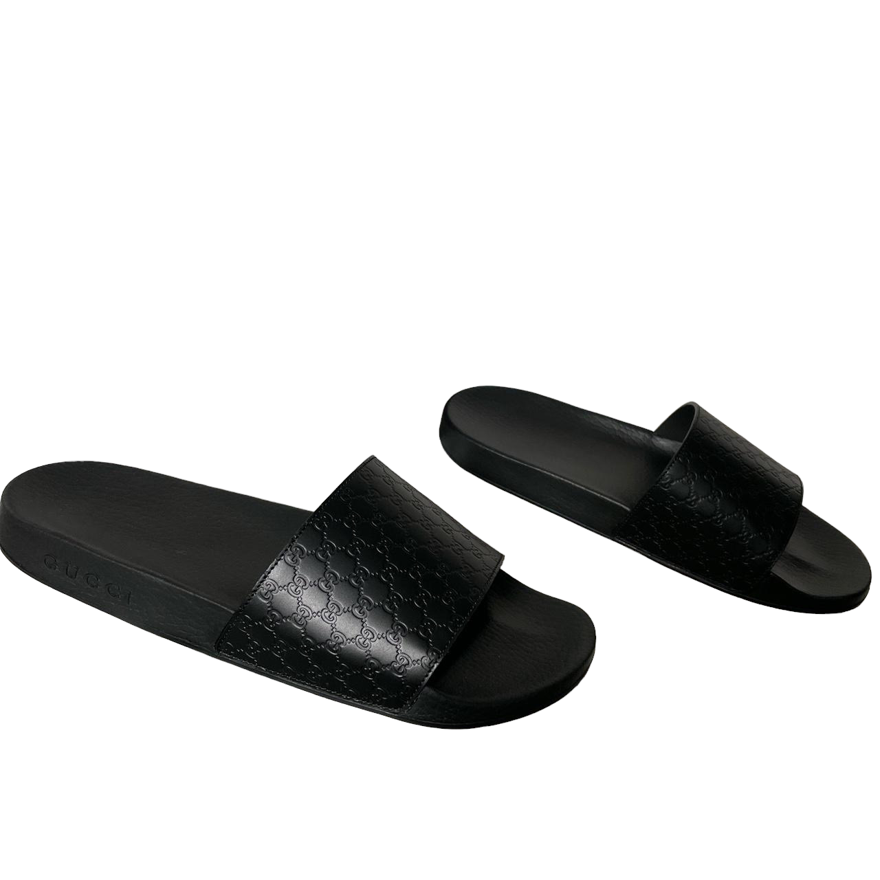 GUCCI GG LEATHER EMBOSSED SLIDERS - BLACK