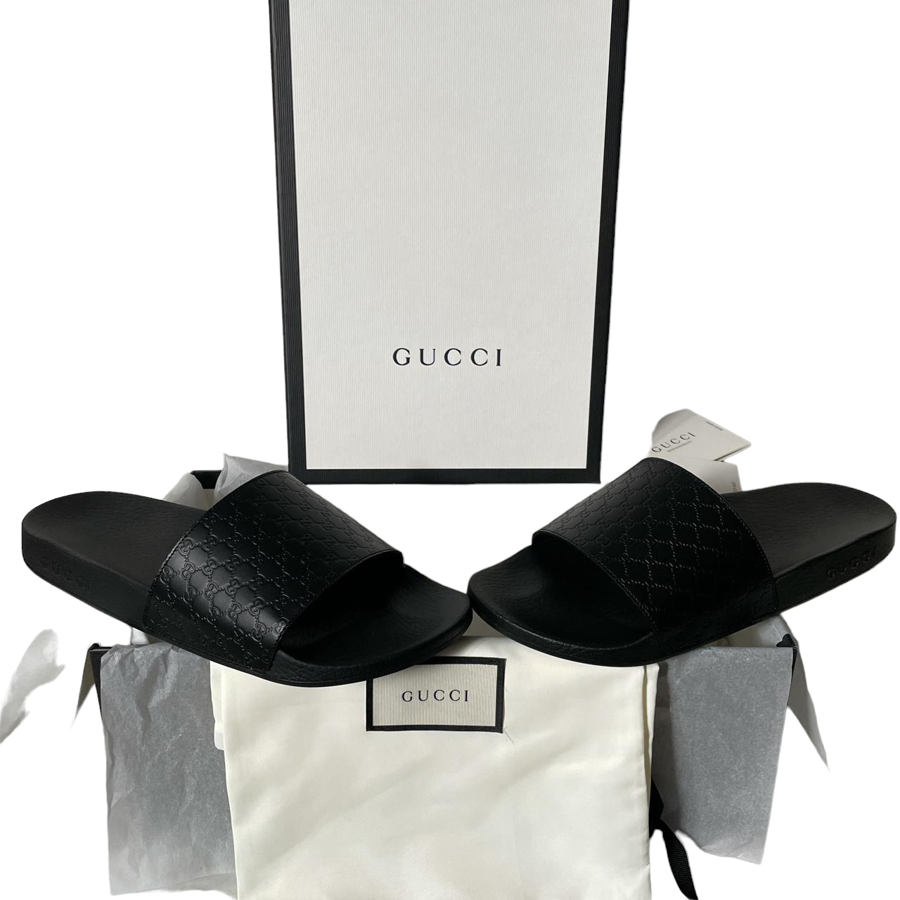 GUCCI GG LEATHER EMBOSSED SLIDERS - BLACK