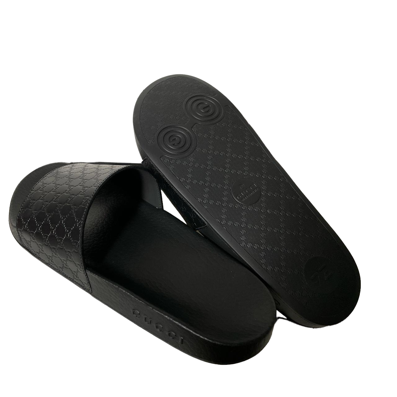 GUCCI GG LEATHER EMBOSSED SLIDERS - BLACK